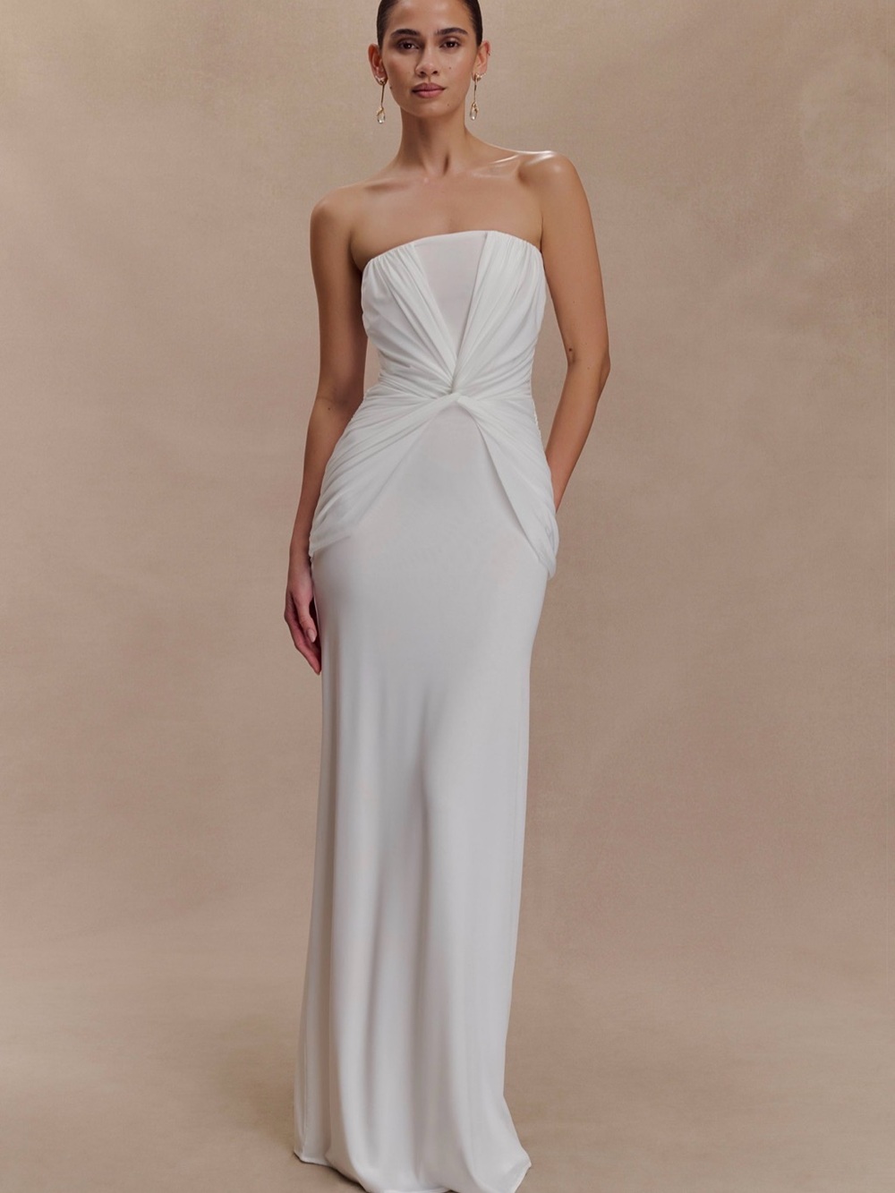 Meshki Strapless White Twist-Front Evening Gown